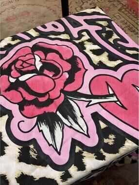 Ed Hardy Leopard Print Scarf with Pink Rose Design